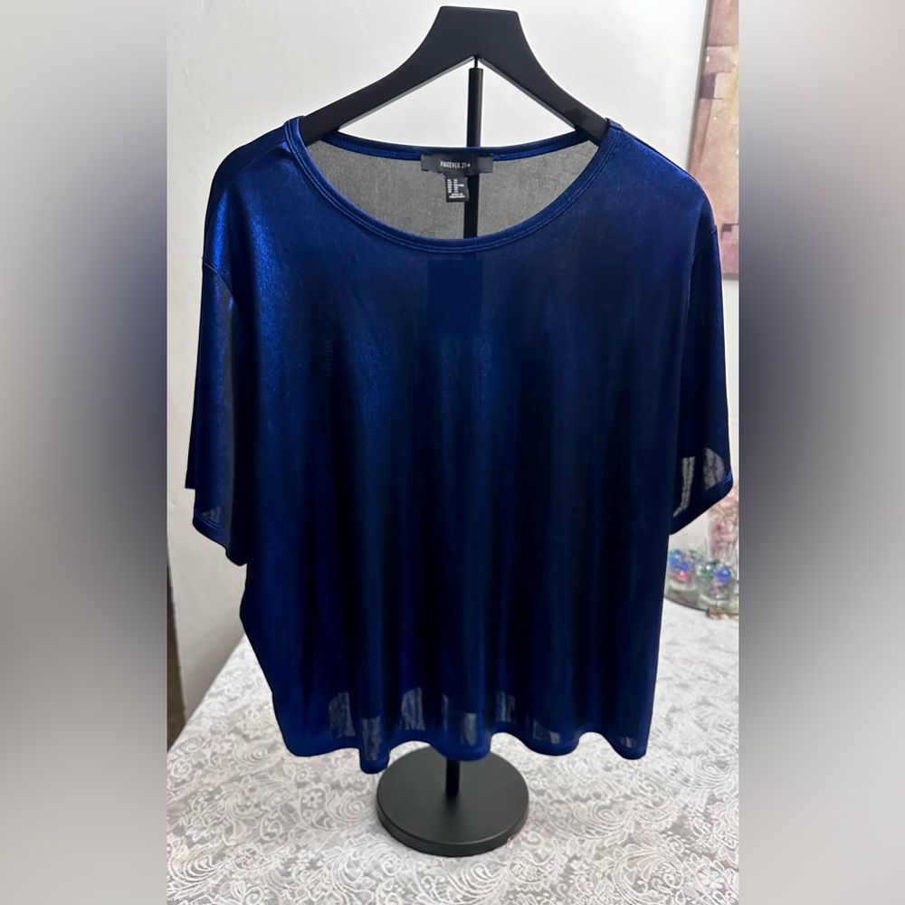 Forever 21 Metallic Navy Scoop Neck Short Sleeve Top 2XL